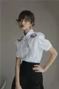 Embroidery Floral Double Collared Shirt Women Summer Short Sleeve White Office Blouse Button Up Korean 210427