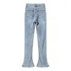 [EAM] Hohe Taille Hellblau Taschen Vintage Flare Jeans Voller Länge Frauen Hosen Mode Frühling Herbst 1DD6951 21512