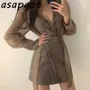 Chic Retro Temperament Single-Breasted Light Mouw Lace Up Turn Down Collar Blouse Vrouwen Side Button Hoge Taille Plaid Rok 210730