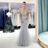 Party Dresses Luxury Crystal Prom Gown Scoop Neckline Mermaid Silver Beaded Women 2022 Feather Evening