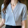 Женщины Блузки Femme Летние Топы Женщины Короткие Рукав Блузка Женщины Blusas Mujer de Moda V-образным вырезом Синий Шифон Блуза Рубашка E687 210602