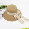 Damska Szeroka Brim Słoma Panama Hat Fedora Summer Beach Sun Hat W / Dekoracyjny Polka Dot Bow Upf Słomkowy kapelusz dla kobiet