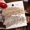 Fashion Feather Hair Clips With Rhinestones Women Gold Silver Metal Hairpins