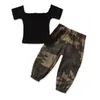 Criança criança bebê menina verão manga curta fora do ombro t-shirt top + camuflagem cacho de impressão outfit conjunto de roupas 2 pcs 1-6y 2587 Q2