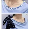 여성 여성 화학 자멘트 여름 셔츠 여성 한국어 스타일 대학 구슬 둥근 목 활 느슨한 슬리밍 셔츠 10263 210508