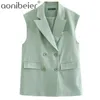 Kvinnor Simply Dubbelbröst Vest Jacket Office Ladies Outfits Wear Casual Suit Waistcoat Fickor Outwear Toppar 210604