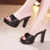 Plus Size 32-43 Block Heel Platform Slippers Women Wedding Shoes Summer 2021 Open Head Bow High Heels Slides Ladies Slipper