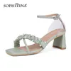 Sophitina Fashion Women's Sandals Cowhide Square Heel Pleated Buckle Strap Transparent Cover Heel Sandals Office Shoes AO874 210513