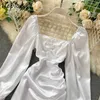 Neploe الرجعية مربع طوق المرأة اللباس الخريف 2021 جديد أضعاف سليم واسط مزاجه vestidos النفخة الأكمام الصلبة فساتين 82243 Y0823