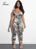 Joskaa Women Leaf Printted Tank Jumpsuits Låg Neck Sexig Ärmlös 2 Stycken Elastiska Lounge Byxor Backless Street Maching Set Y0625