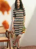 Summer Women Wool Striped Dresses Casual Female O-Neck Knitting Short Sleeve Hollow Out Straight C-267 210522