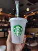 Starbucks mugg 24oz 16oz/710 ml tumbler plast återanvändbar klar dricka platt botten kopp pelare form lock halm bardian dhl 100 st