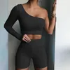 Assimétrica Dois Parte Sets Mulheres Sportswear Tracksuit Sólida Preto Laranja Crop Tops + Elastic Bike Shorts Sporty 2 Parte Outfits x0428