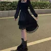 Czarna Gothic Party Dress Kobiety Nieregularne Japonia Styl Koronki Lolita Lato Krótkie Ruffles Długi rękaw ES 13244 210512