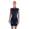 Plus-storlek Single-Breasted Montered Denim Jean Mini Dress Women Sheath Turn-Down Collar Sleeveless Thick Vestido Causal 210709