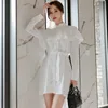 Sexy Turn-Down Neck White Tunic Dress Autumn Women Elegant Long Sleeve Irregular Shirt Female Ruffle Party es 210529