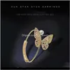 Cuff Bracelets Jewelrydesigner Ladies Hollow Inlaid Zircon Freshwater Pearl Butterfly Opening Adjustable Bracelet High-End Jewelry Female Dro