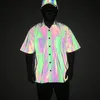 Chemises réfléchissantes pour hommes à manches courtes Casual Oversize Mens Chemise Summer Nightclub Night Running Chemise Homme Rainbow Camisas 210524