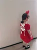 Мода девушка красное платье бантом сплошной принцессы платье с коротким рукавом летнее платье для девочки сладкая одежда детей 2-7year 210715