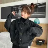 ブラックデニムショートジャケット女性緩いシングルブレストボタンポケット韓国風シックレトロ原宿カジュアルストリートウェアレディース210818