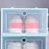 Duidelijke plastic opslag schoen doos stofdichte sneaker organizer flip transparante hoge hakken dozen snoep kleur stapelbare schoenen containers roze behuizing