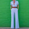 Women Jumpsuit V-neck Short Sleeve White Blue Vintage Rompers Womens Plus Size Long Summer s 210524