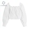 Summer Square Collar White Blouses Toppar för damer Snygg grödor Chiffon T-shirts Solid Slim Rok Style Sweet Blusas 210515