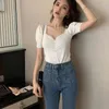 Summer Sexy V-neck Woman Knitted Tshirts Fashion Puff Short Sleeve Solid Knit Tops Woman All Match Slim Female Tee 210514