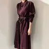 Vestido de outono da primavera feminino coreano cor sólida retro coleira de pé de pé no meio do comprimento solto de manga longa es ll811 210506