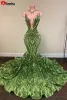 NY! Sparkly Sequin Olive Green Mermaid African Prom Klänningar 2022 Svart Girls Long Graduation Dress Plus Size Formal Evening Gowns XWY01