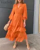 女性オレンジ色フリルフリル裾ランタンスリーブボタンフロントロングドレスY0726