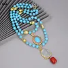 Smycken 2Rows Blue Turquoises Halsband Keshi Pearl Clear Quartzs Buddha Head Red Coral Pendant 20 "Religiös stilkedjor