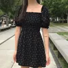 Квадратный воротник шифон цветочное платье вечеринка платье линии Vestido Boho черный министидос Верано корейский милый Harajuku 14386 210527