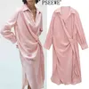 ピンクの縞模様のシャツのドレス女性の春の長袖ラップES女性のカジュアルな裾ベントボタンアップMIDI 210519