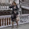 Autumn Winter Floral Dress Women Casual Puff Sleeve Bow Stand Collar High Wasit Long Sleeve Dress New 210415