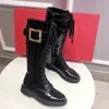 With Box Women Shoes Luxury Designer Brand Boots Roge.r Viv Rangers Knee Booties Strass Metal Buckle Low Heel Round Toes Patent Leather Kne.e height 36cm EU34-41