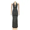 Kricesseen Sexy Black Halter Embelwied Crystal Maxi Jurk Dames Backless See Through Bodycon Verjaardag Clubwear Church Dress X0521