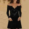 Casual Dresses Vintage Lace Klänning för Kvinnor Långärmad Sequin Gothic Sexig Off Shoulder Chain V-Neck Loose Mini Ladies Elegant