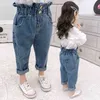 Kids Jeans Pants For Girls Solid Color High Waist Jeans Cotton Casual Children Denim Trousers Summer Autumn Bottoms Trousers 211102