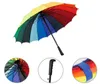 20pcs Rainbow Umbrella Long Handle Hook 16K High Quality Straight Windproof Colorful Pongee Women Men Sunny Rainy