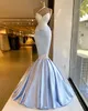 Luxe bleu ciel sirène robes de soirée une épaule dentelle appliqué perlé Satin Sexy femmes grande taille bal Pageant robes 2021