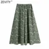 Zevity Women VintageトーテムフローラルプリントグリーンミディスカートファルダスMujer女性シックな弾性ウエストパーティーVestidoブランドスカートQun757 210603