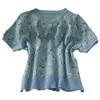 ラウンドネックパフスリーブプリントニットTシャツ女性夏スリムと薄いオールマッチクロップトップ210709