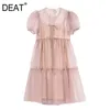 [DEAT] Summer Fashion A-line Solid Color Short Sleeve Beading Knee-length Round Neck Elegant Dress Women 13Q564 210527