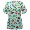 T-shirt da donna Scrub infermieristico natalizio T-shirt Top Uniformi tascabili casual a maniche corte con scollo a V