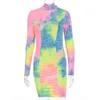 JOCOO JOLEE Lange mouw Tie Dye Print Stand Nek Bodycon jurk Casual patchwork wrap mini jurk herfst elegante slanke jurk 210619