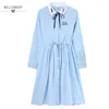 Japoński Mori Dziewczyna Wiosna Kobiety Koszula Dress Peter Pan Collar Lace Up Haft Cute Elegancki Kawaii Bawełna Różowy Blue 210520