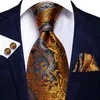 Hi-tie 100% Silk Mens Floral Black Gold Ties Paisley Necktie Pocket Square Cufflinks Set Men's Wedding Party Tie