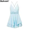 BeAvant V-neck sexy women summer jumpsuit rompers Backless lace up cotton jumpsuit short Casual strap female beach playsuit 210709