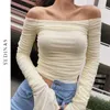 Yedinas Sexy Slanke Mesh Crop Top Dames Flare Sleeve Off Shoulder Slash Neck Bodycon t-shirts Zie door Streetwear Spring 210527